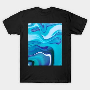 Blue, White, and Green Striped Acrylic Pour Painting T-Shirt